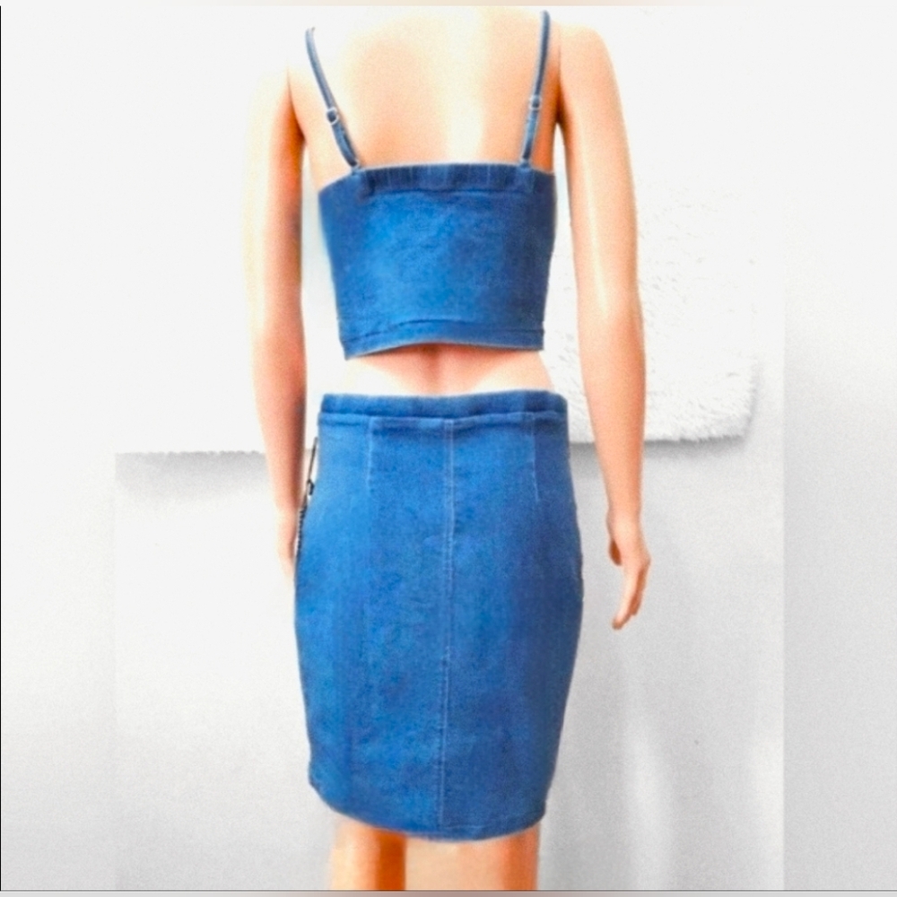 Haute Monde Denim Rhinestone Crop Top & Skirt - Picture 8 of 15